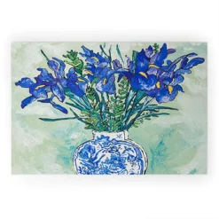 Lara Lee Meintjes Iris Bouquet In Chinoiserie Vase On Blue And White Striped Tablecloth On Painterly Mint Green Welcome Mat - Society6 -Deny Designs GUEST 6bfef7b2 b8b9 49a9 8267 bb5a37e77b03