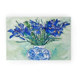 Lara Lee Meintjes Iris Bouquet In Chinoiserie Vase On Blue And White Striped Tablecloth On Painterly Mint Green Welcome Mat - Society6 -Deny Designs GUEST 822905c0 28c6 4e6b b3cb 1fb3846079b8